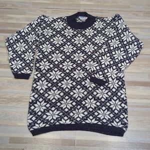 Vintage 90's Sweater Womens Large Blue Snowflake Print, Ski Winter Sweater, USA